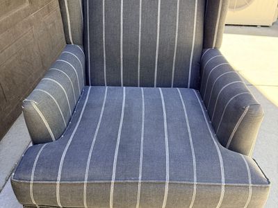 Blue Striped Upholstered Wingback Armchair with Nailhead Trim