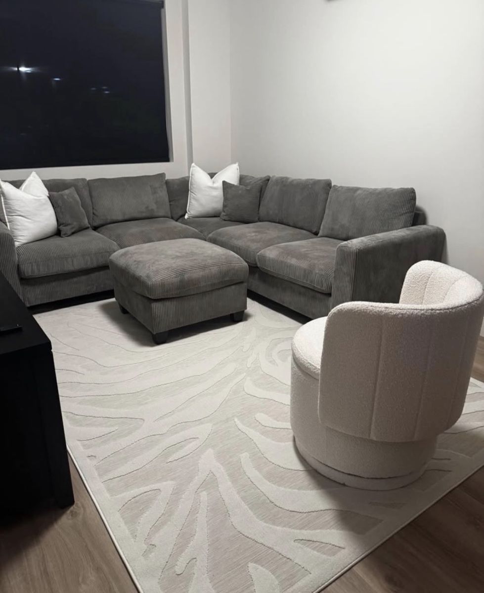 Gray Corduroy Sectional Sofa with Matching Ottoman
