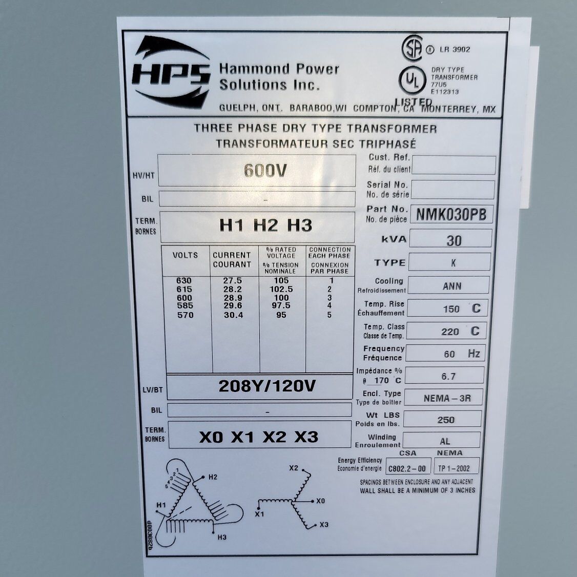 NEW HPS 30 kVA Transformer 600V to 208Y/120V