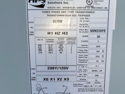 NEW HPS 30 kVA Transformer 600V to 208Y/120V