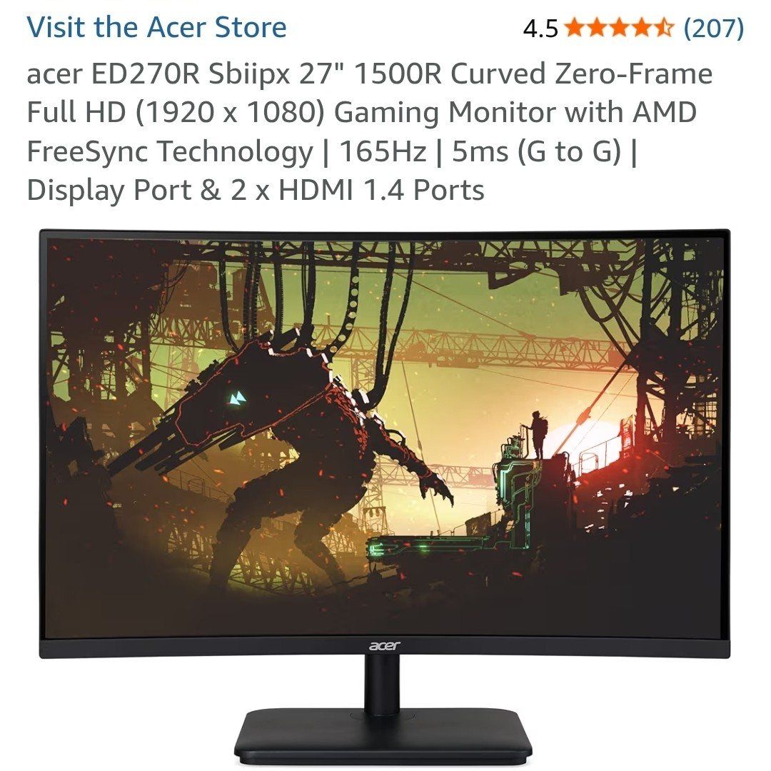 3x Acer ED270R 165hz 1080p Curved Gaming Monitors