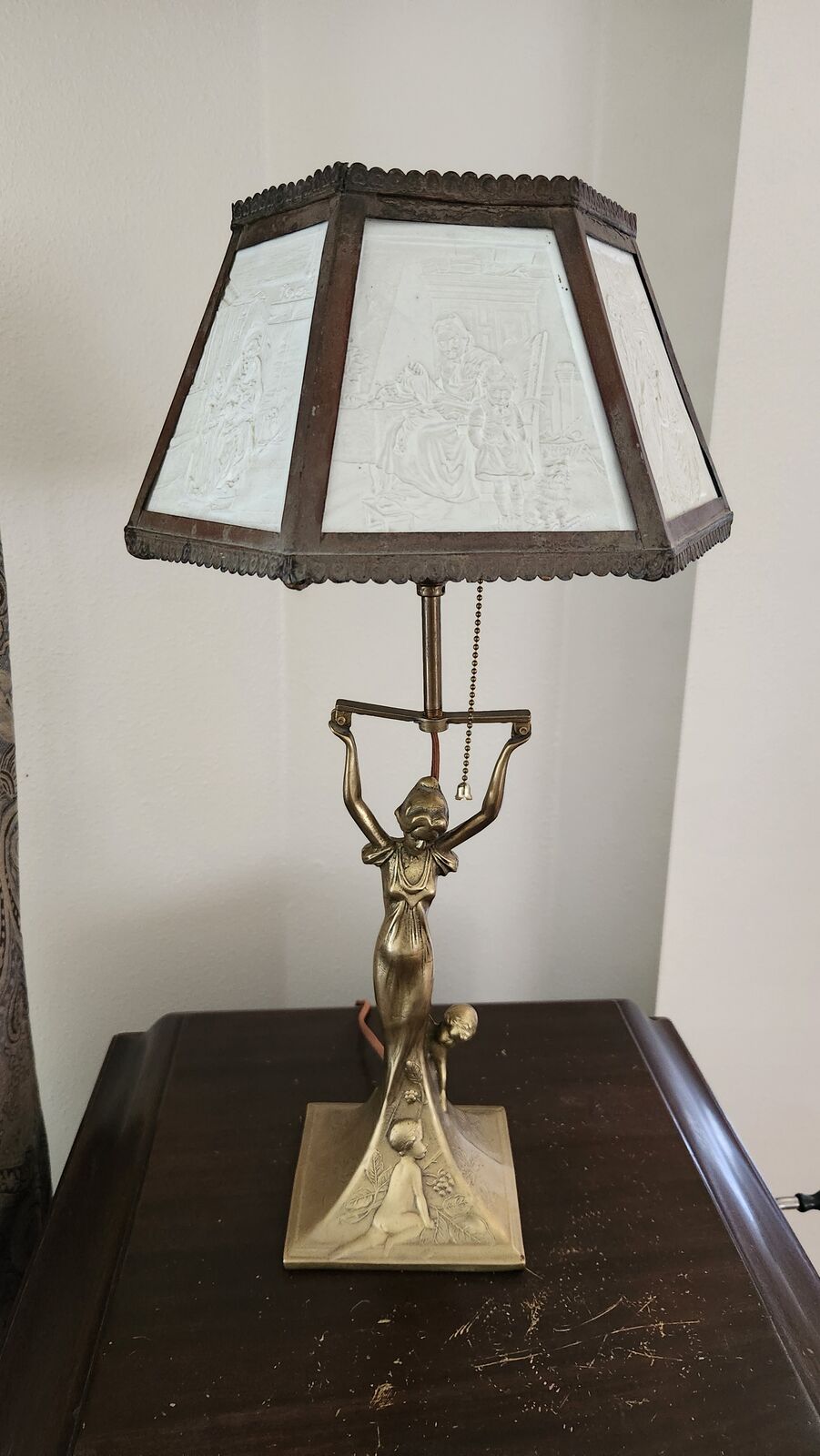 Antique 6-Panel Lithophane Lamp with Bronze Base