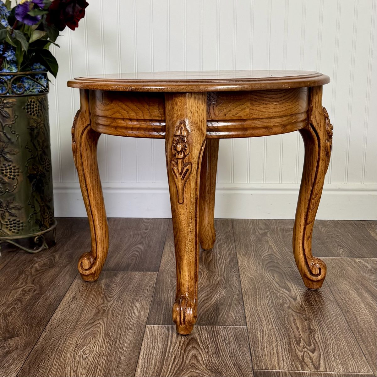Vintage French Provincial Oak Carved Accent Table