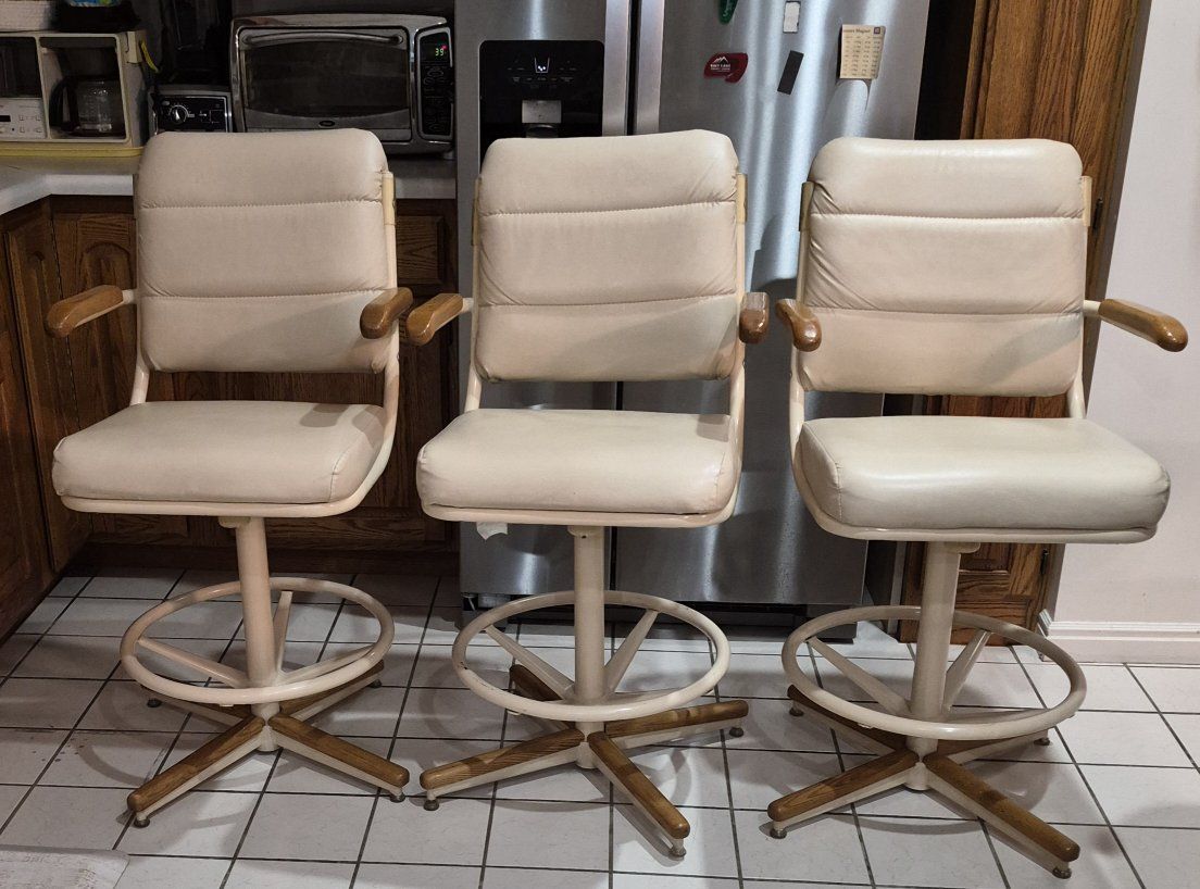 Set of 3 Ivory Swivel Bar Stools with Wood Accents and Footrests