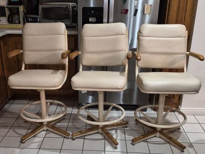 Set of 3 Ivory Swivel Bar Stools with Wood Accents and Footrests