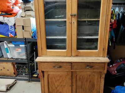 Vintage Solid Wood Hutch Cabinet with Glass Doors and Two Drawers