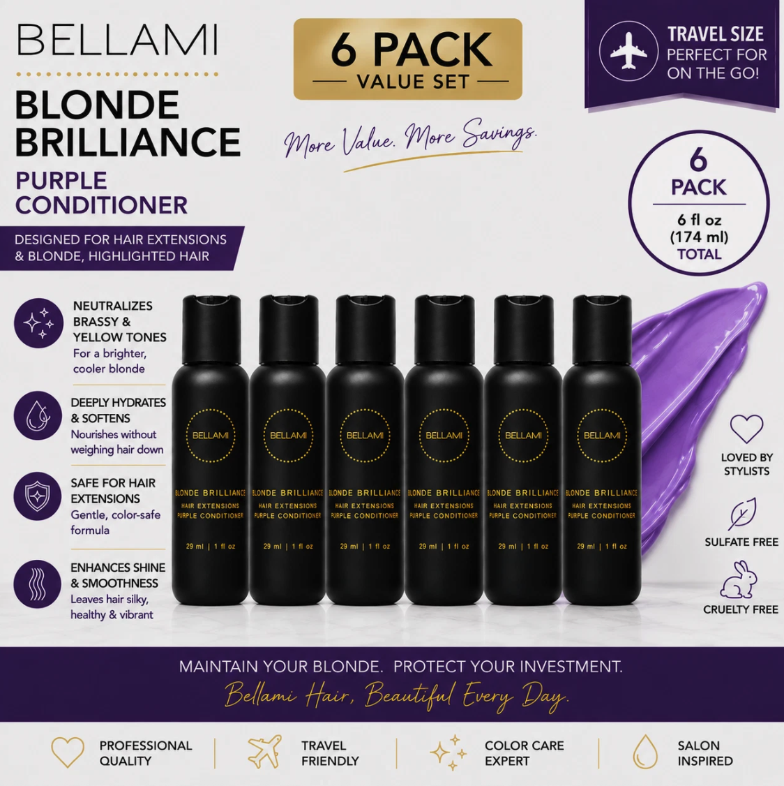 Bellami Blonde Brilliance Purple Conditioner 6-Pack Travel Size 1oz Extensions