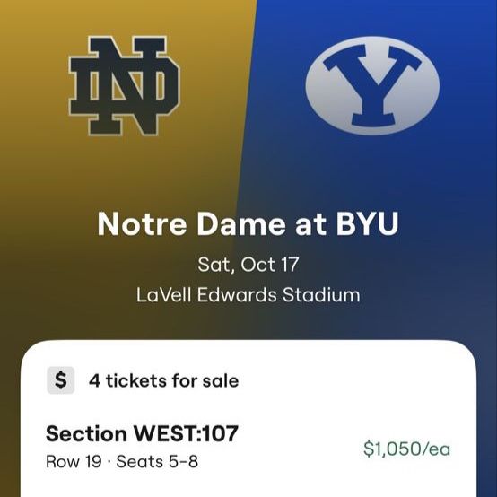 Notre Dame at BYU Football Tickets - 4 Tickets (Section WEST:107, Row 19)