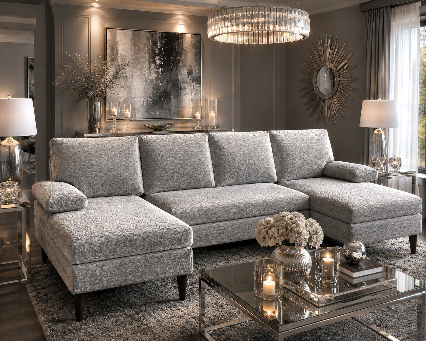 KORSER SECTIONAL SOFA "U", PREMIUM CHENILLE FABRIC. PEWTER COLOR