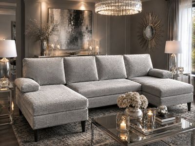 KORSER SECTIONAL SOFA "U", PREMIUM CHENILLE FABRIC. PEWTER COLOR