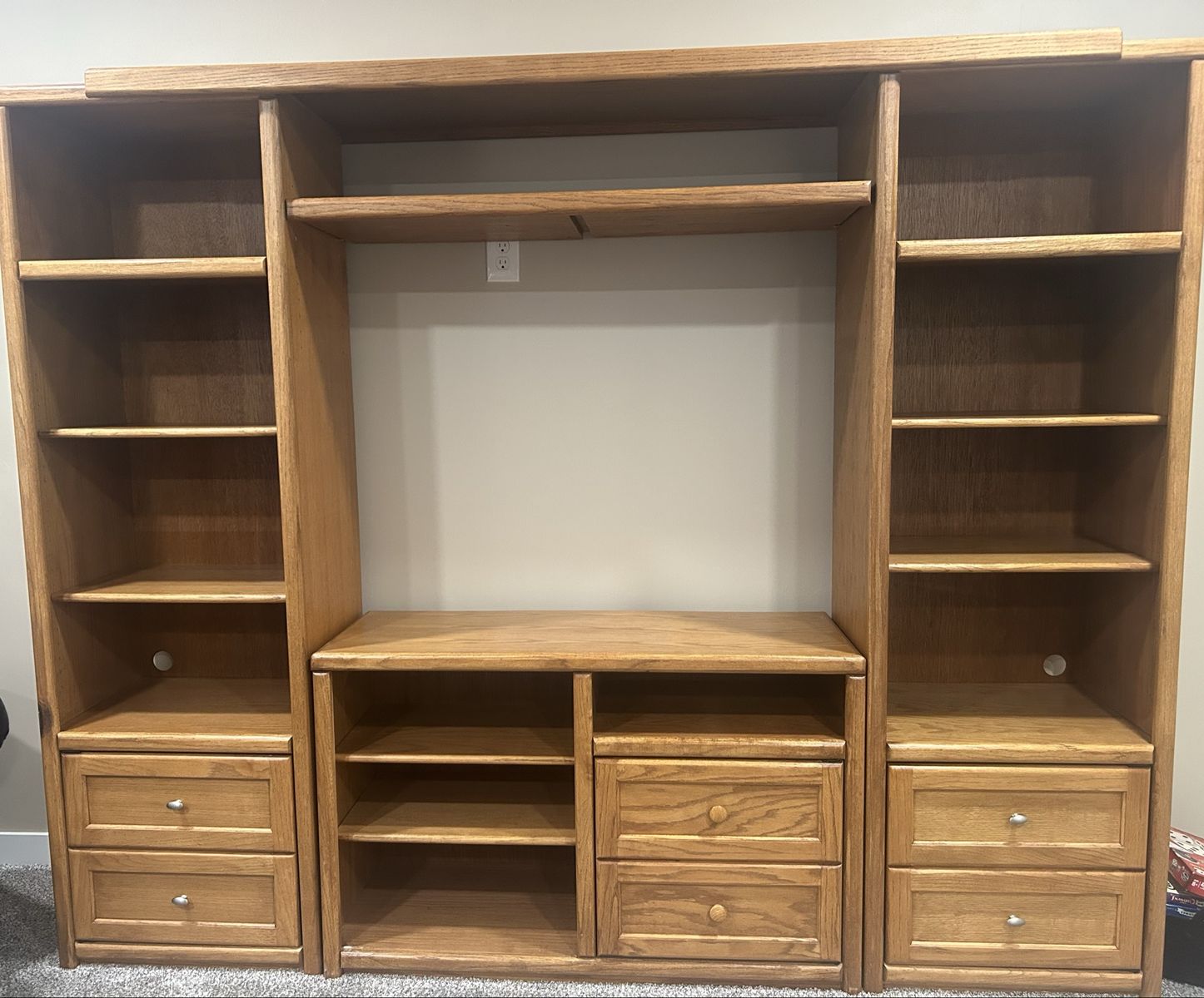 Large Wooden Entertainment Center Wall Unit with Shelving and Drawers