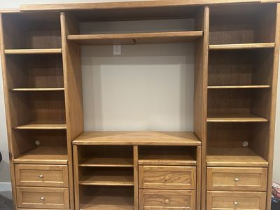 Large Wooden Entertainment Center Wall Unit with Shelving and Drawers