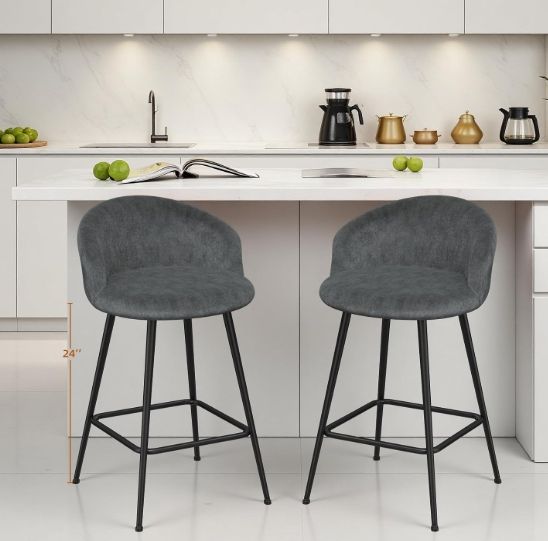 24" Counter Height Barstools Set of 2 with Backs and Metal Legs, Velvet Barstools for Kitchen Island  Dark Gray