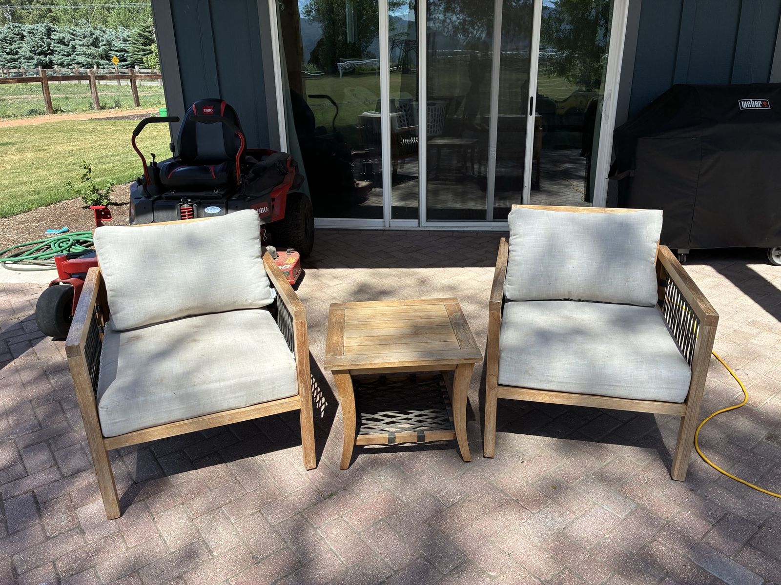 Outdoor Patio Seating Set - 2 Wood Armchairs with Cushions & Side Table - Weather-Resistant