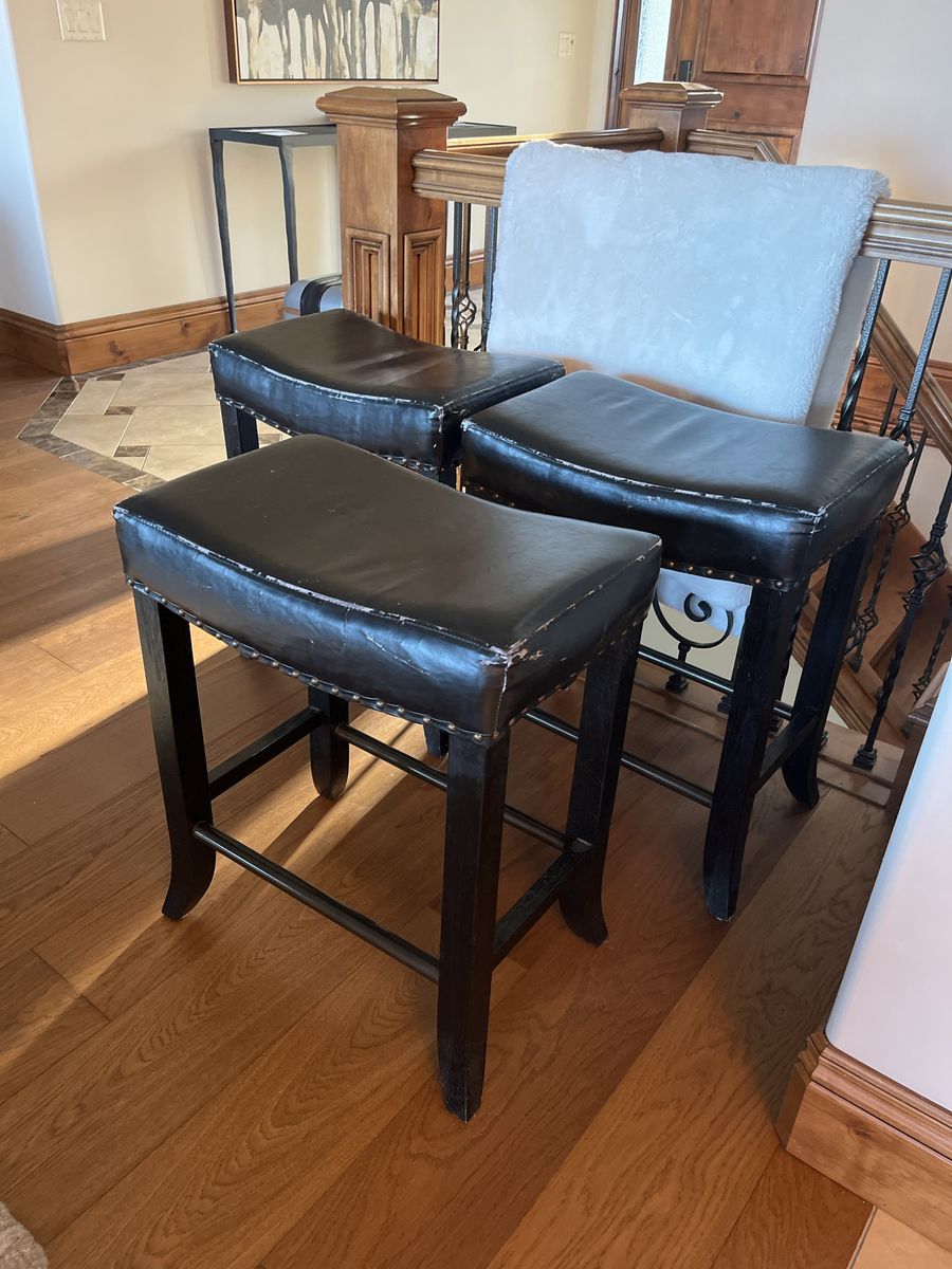 Set of 4 Counter Height Barstools - Dark Brown Faux Leather with Nailhead Trim
