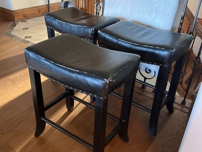 Set of 4 Counter Height Barstools - Dark Brown Faux Leather with Nailhead Trim