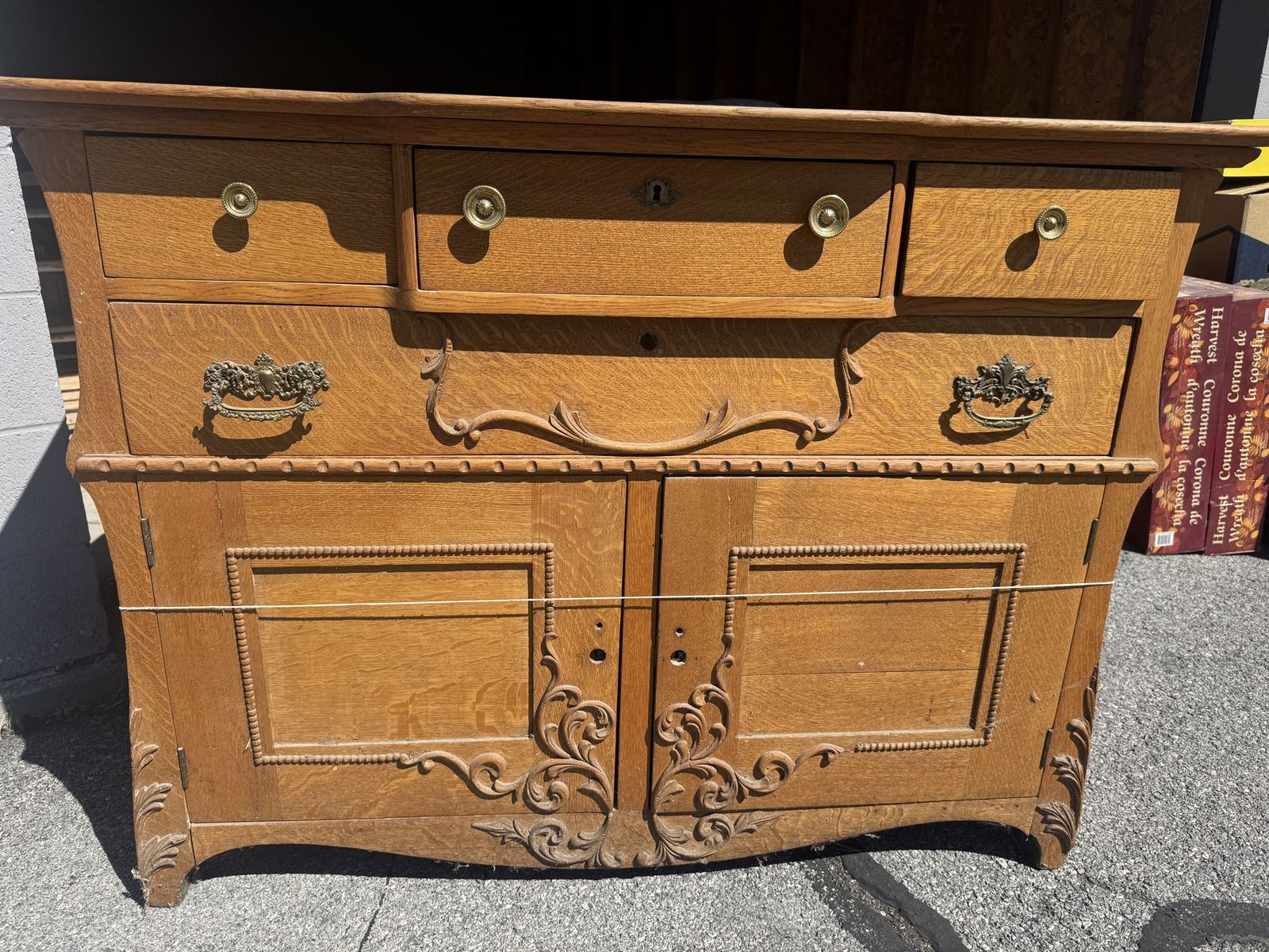 Antique Oak Sideboard Buffet Dresser with Carved Details and Brass Hardware