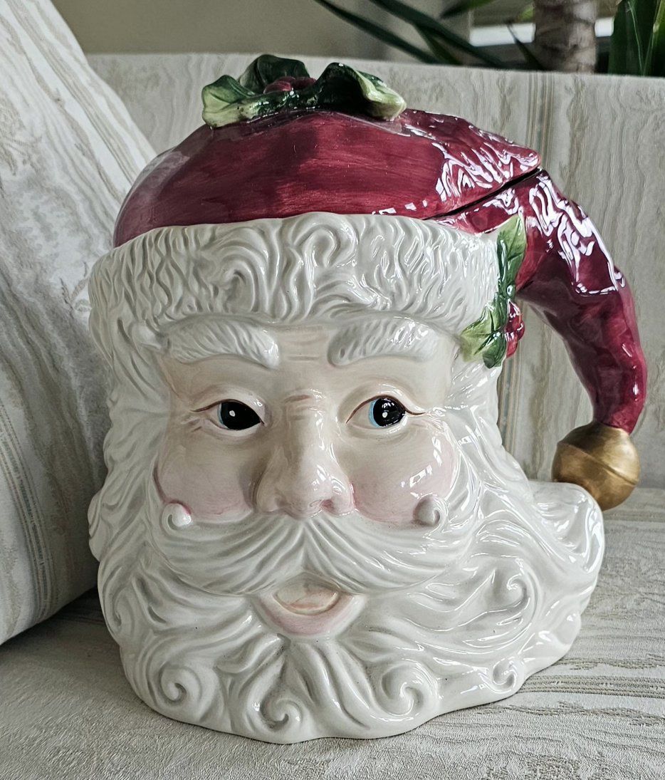 Vintage Ceramic Santa Claus Face Cookie Jar with Red Hat Lid 10"×10"