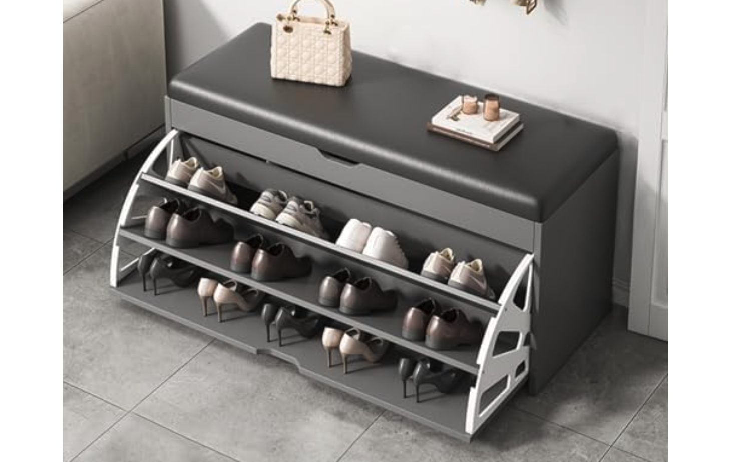 New Shoe Storage Benches with 3 Flip Drawers, Shoe Bench and Padded Cushion, Shoe Cabinet & Bench