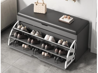 New Shoe Storage Benches with 3 Flip Drawers, Shoe Bench and Padded Cushion, Shoe Cabinet & Bench