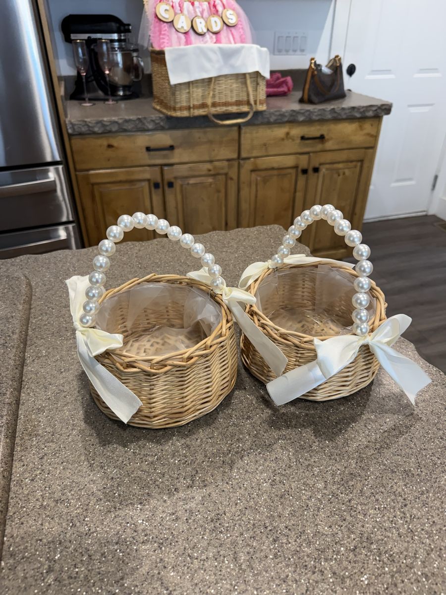 Pair of Woven Flower Girl Baskets with Pearl Handles & Ivory Ribbons, 5" Tall