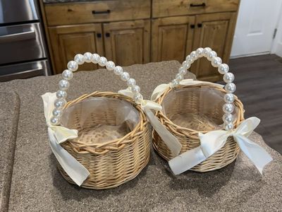 Pair of Woven Flower Girl Baskets with Pearl Handles & Ivory Ribbons, 5" Tall
