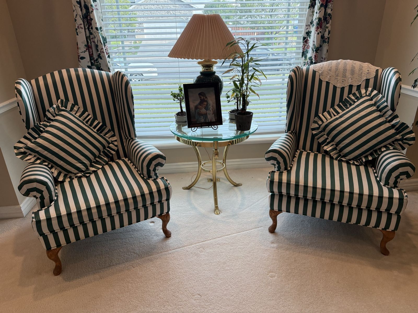 Two Green and White Striped Wing Back Chairs