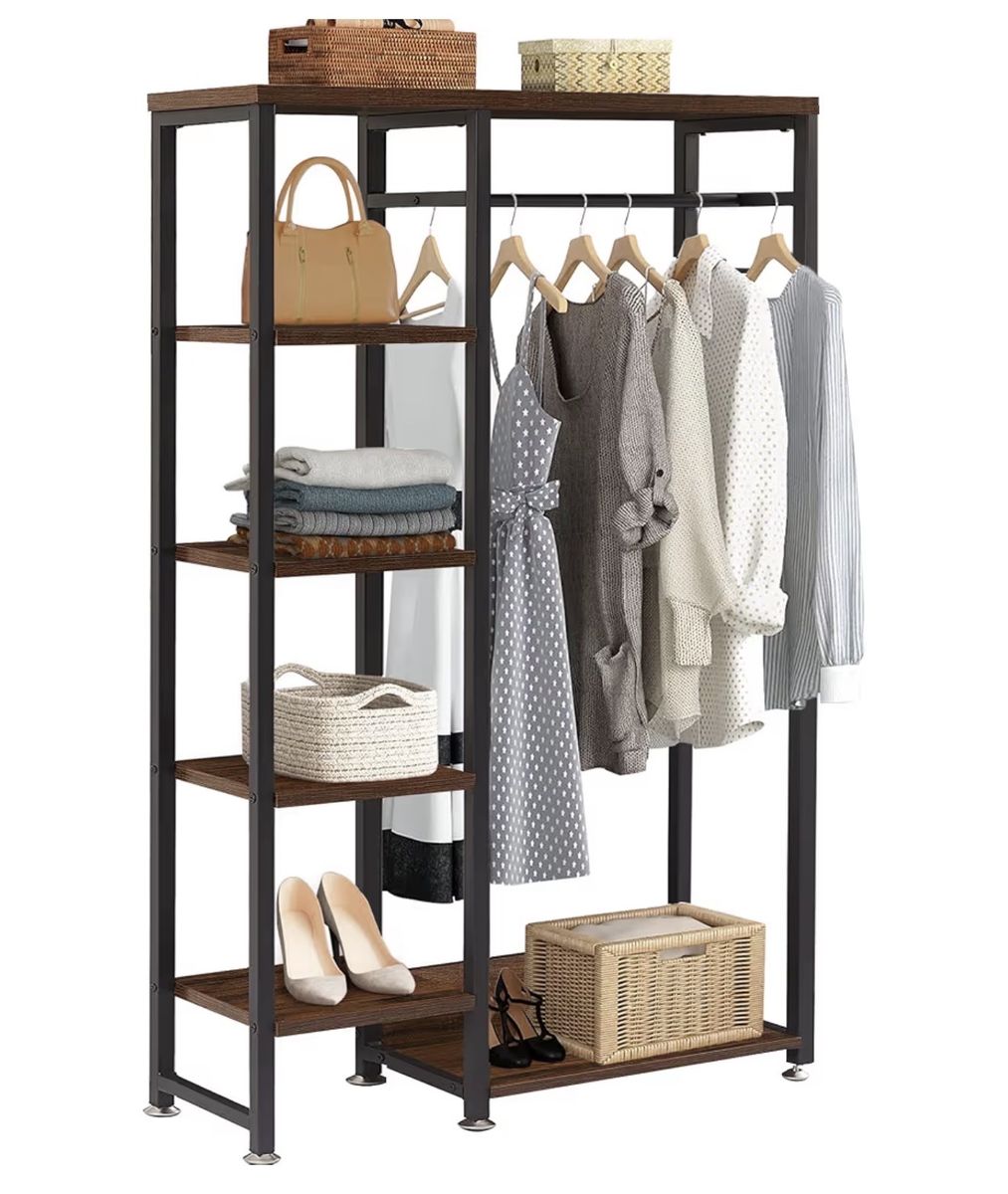 Garment Clothing Rack, Free-Standing Storage Closet with 5 Shelves and Hanging Rod