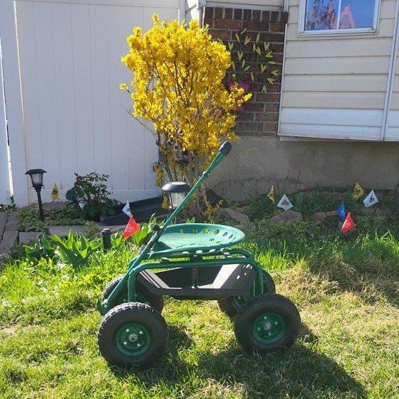 rolling garden cart swivel seat tool tray