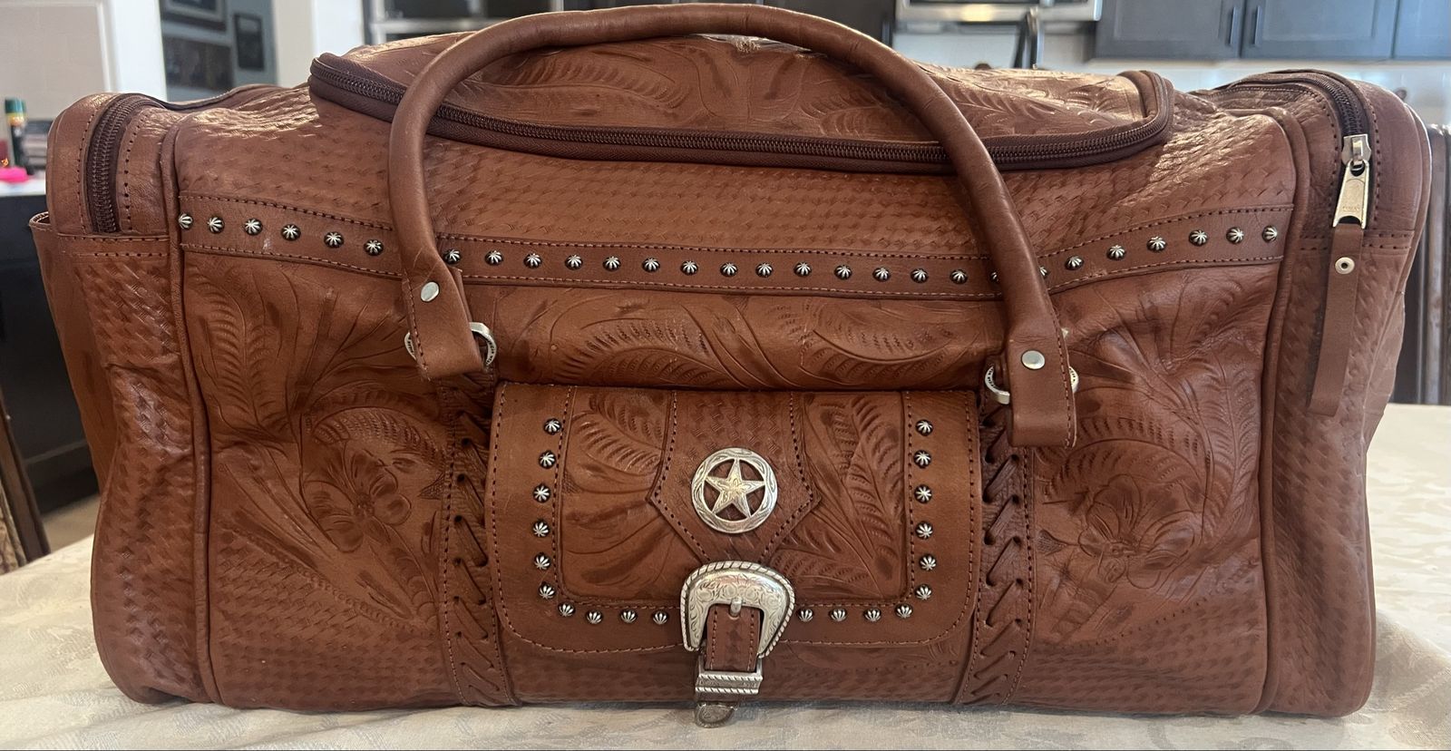 Tooled Leather Duffle Bag Brown Western Embossed Travel Bag with Star Buckle Accent