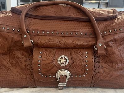 Tooled Leather Duffle Bag Brown Western Embossed Travel Bag with Star Buckle Accent