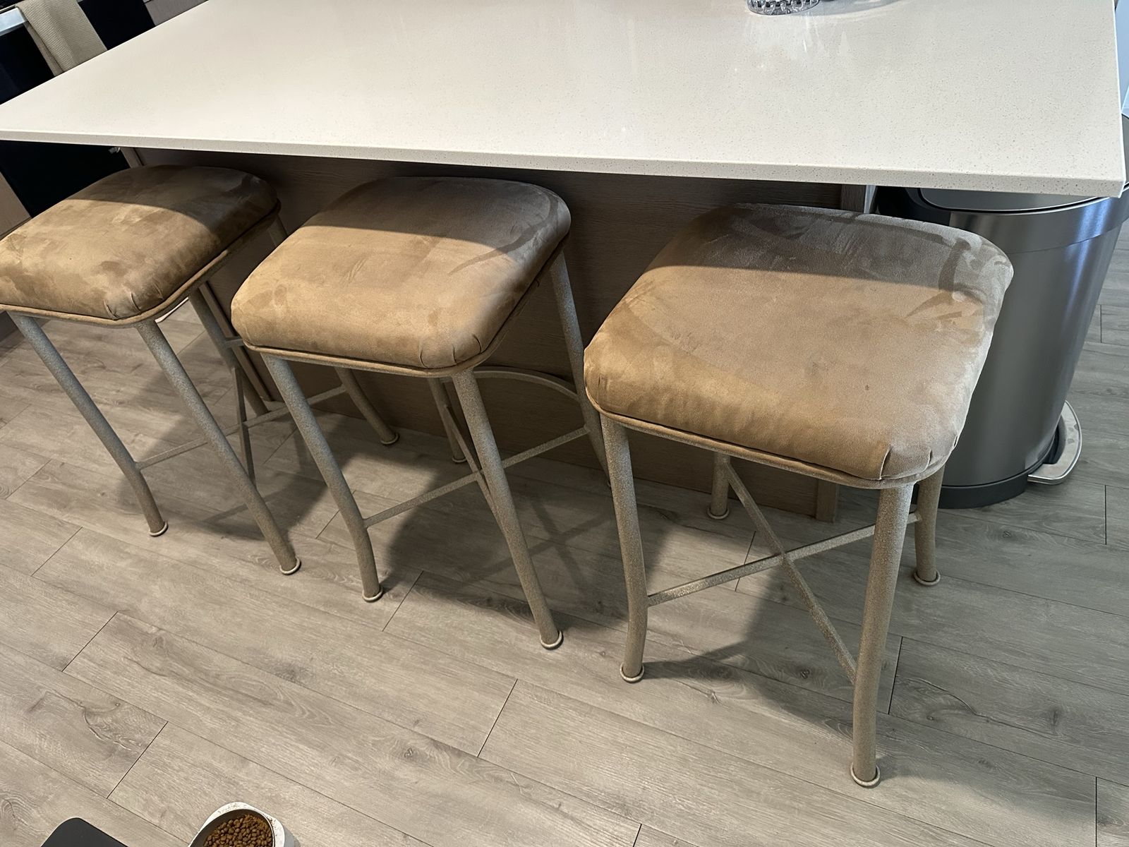 Set of 3 Tan Upholstered Bar Stools with Textured Metal Frames