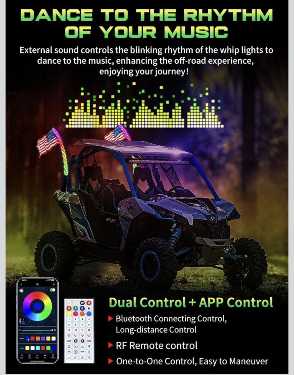 2PCS 2FT LED Whip Lights with 16 Million Colors, IP67 Waterproof, Flexible & Durable for Off-Road Vehicles