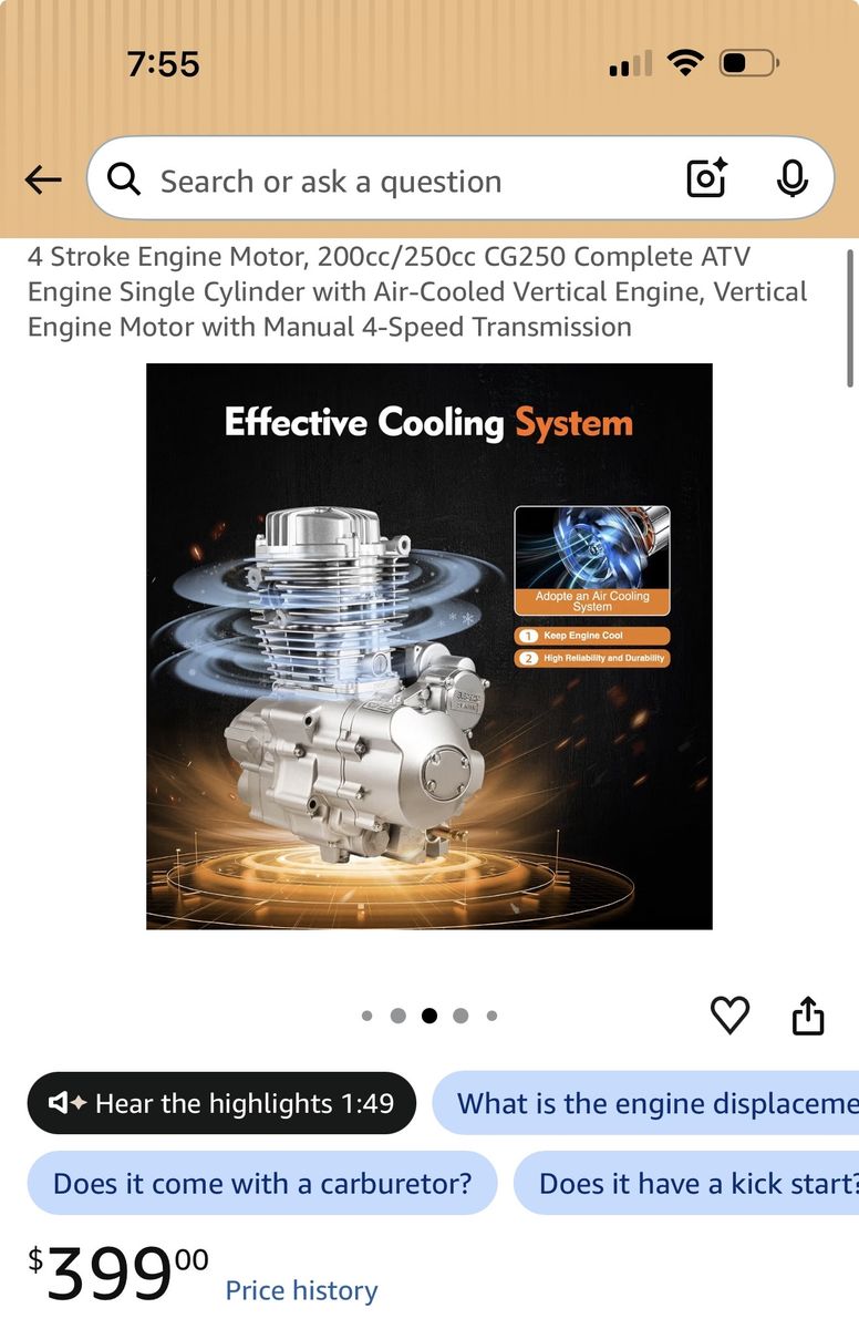 4 Stroke Engine Motor, 200cc/250cc CG250 Complete ATV Engine with Manual 4-Speed Transmission