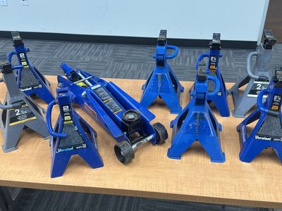 Blue Floor Jack & 8 Jack Stands
