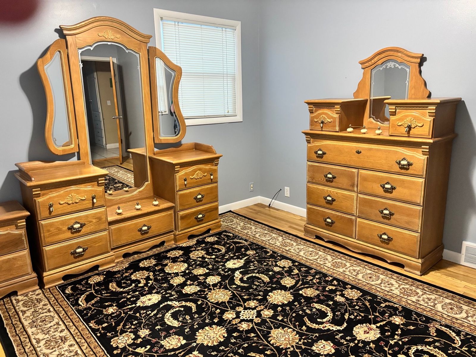 Vintage Solid Wood Dresser, Vanity with Tri-Fold Mirror, One Nightstand, and Matching Headboard - Ornate Details