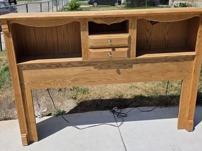 Oak Bookcase Headboard - Queen/Full Size, Storage Shelves & Drawers, Light Wood Finish