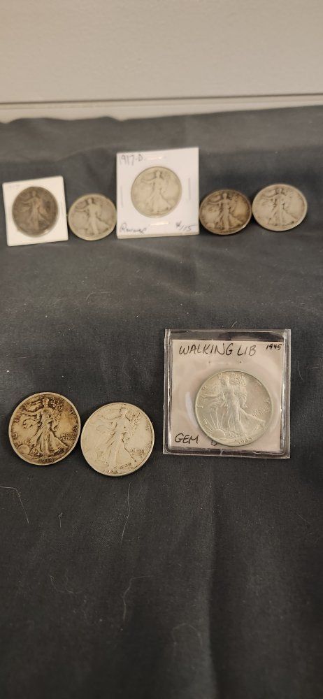 Vintage US Walking Liberty Silver Half Dollars (1917 cointerstamp, 1917 P & D, 2-1929 S, 1934, 1944-D, 1944)