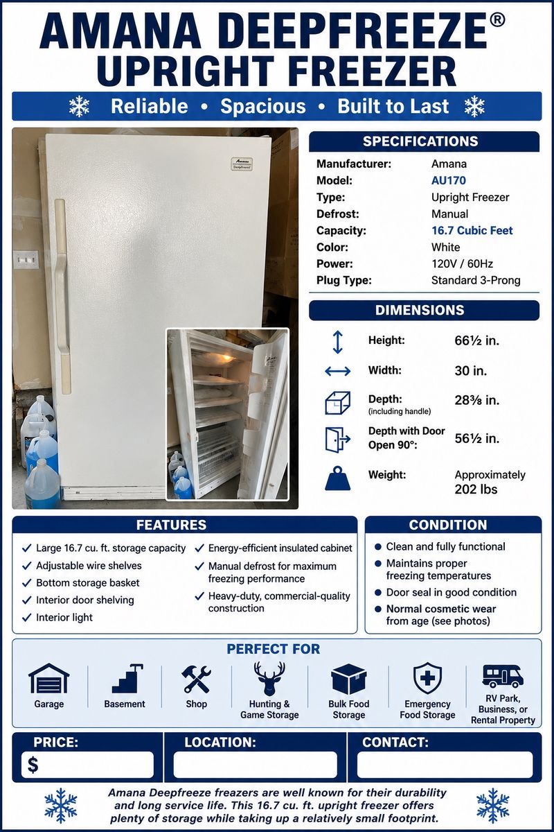 Amana Upright Deep Freezer - White - Great Working Condition
