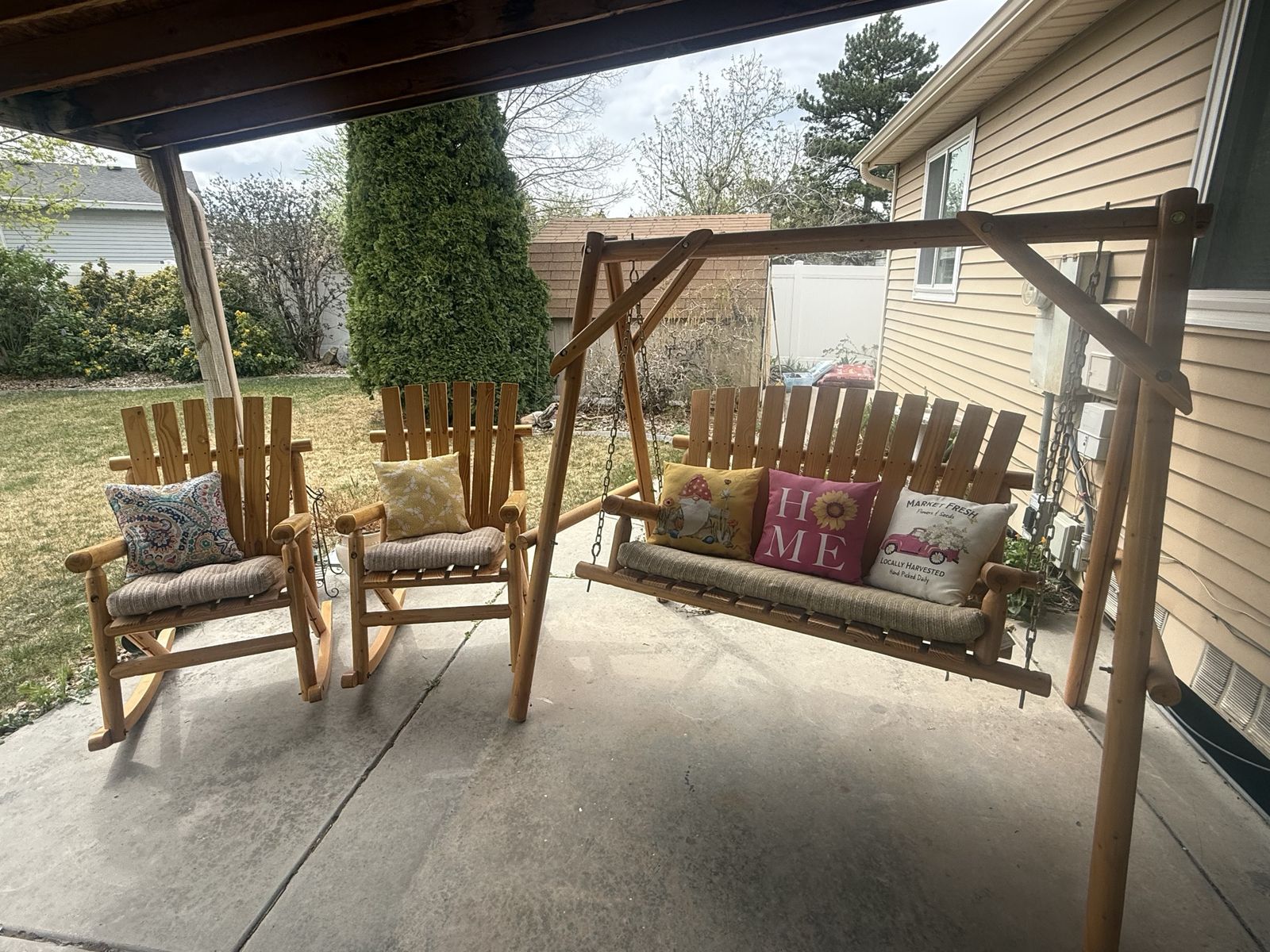 Lodge Pole Pine Patio Set Swing & Rocking Chairs