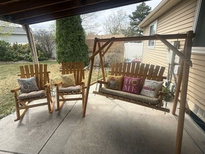 Lodge Pole Pine Patio Set Swing & Rocking Chairs