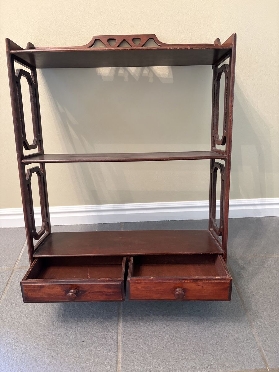 Vintage Wood Wall Shelf with Drawers – Chinoiserie-Style Fretwork