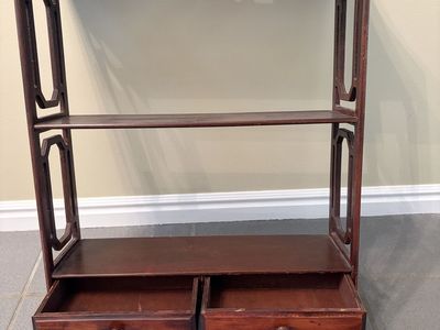 Vintage Wood Wall Shelf with Drawers – Chinoiserie-Style Fretwork