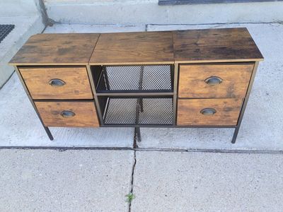 Industrial Style Console Table with 4 Fabric Drawers /Baskets - Wood/Metal Entryway Organizer