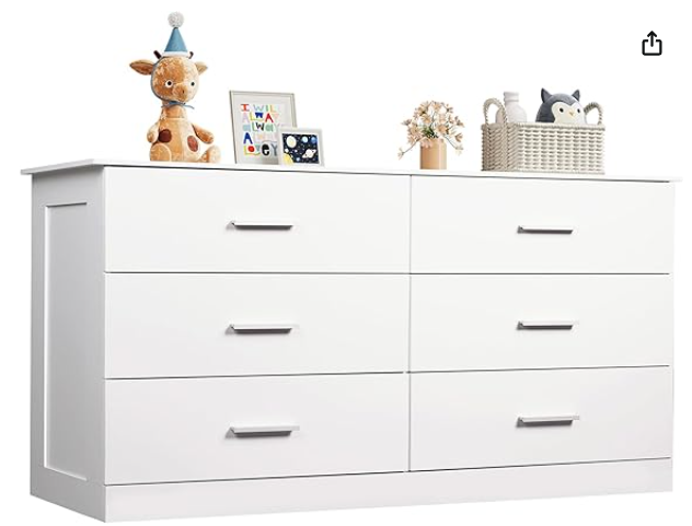 White Dresser 6 Drawers, Wooden Chest of Drawers for Bedroom, Storage Tower Unit, Closet Organizer for Living Room, Hallway