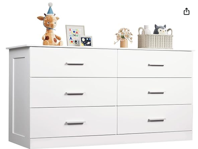 White Dresser 6 Drawers, Wooden Chest of Drawers for Bedroom, Storage Tower Unit, Closet Organizer for Living Room, Hallway