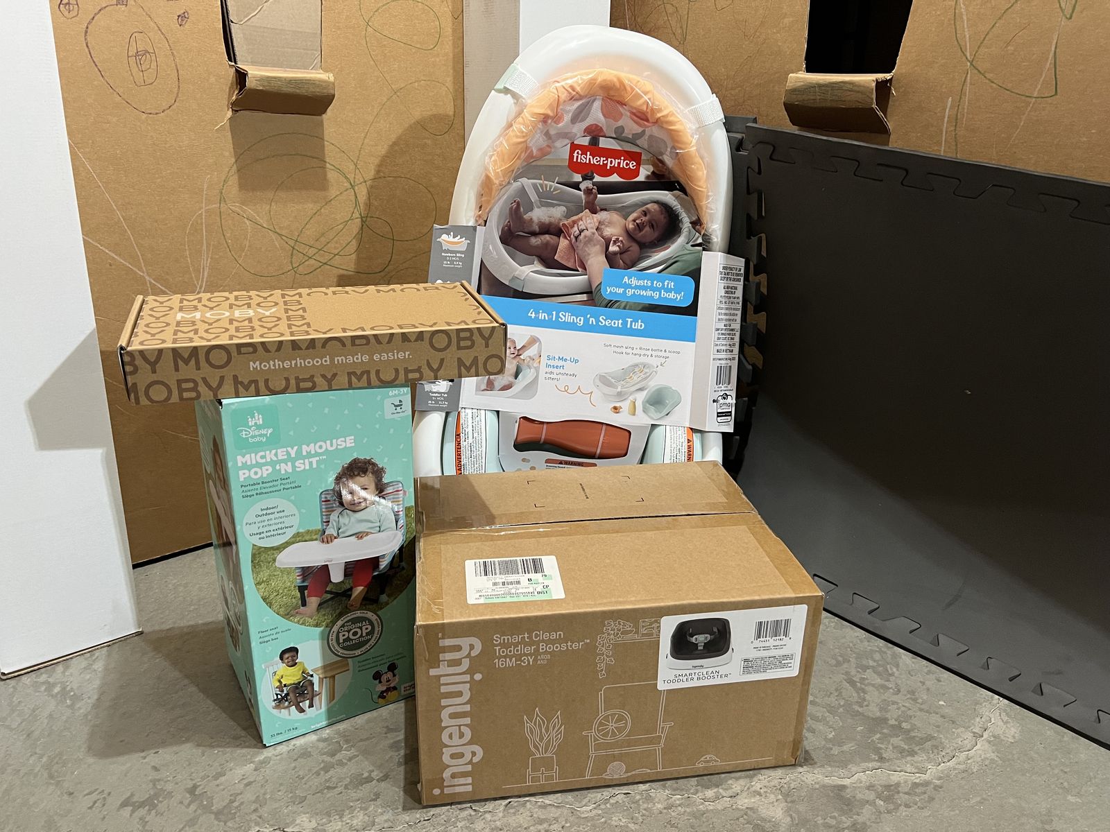 NEW: Moby Baby Wrap, Ingenuity Booster Chair, Mickey Mouse Booster, Fisher Price Tub