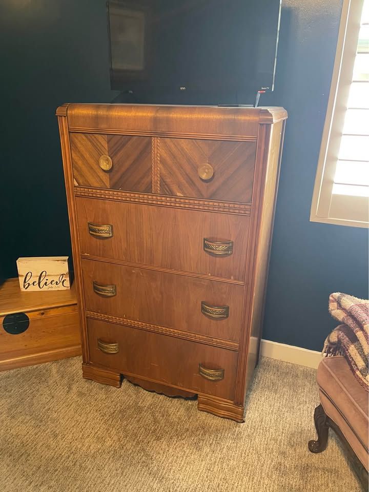 Antique waterfall, dresser, and end table or deco