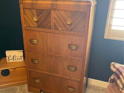 Antique waterfall, dresser, and end table or deco