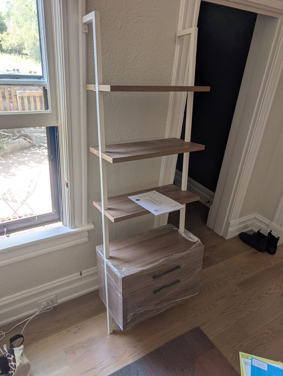 Nathan James Theo 5-Tier Wood Ladder Bookshelf Bookcase with Storage Drawers - White Frame/Walnut Shelves